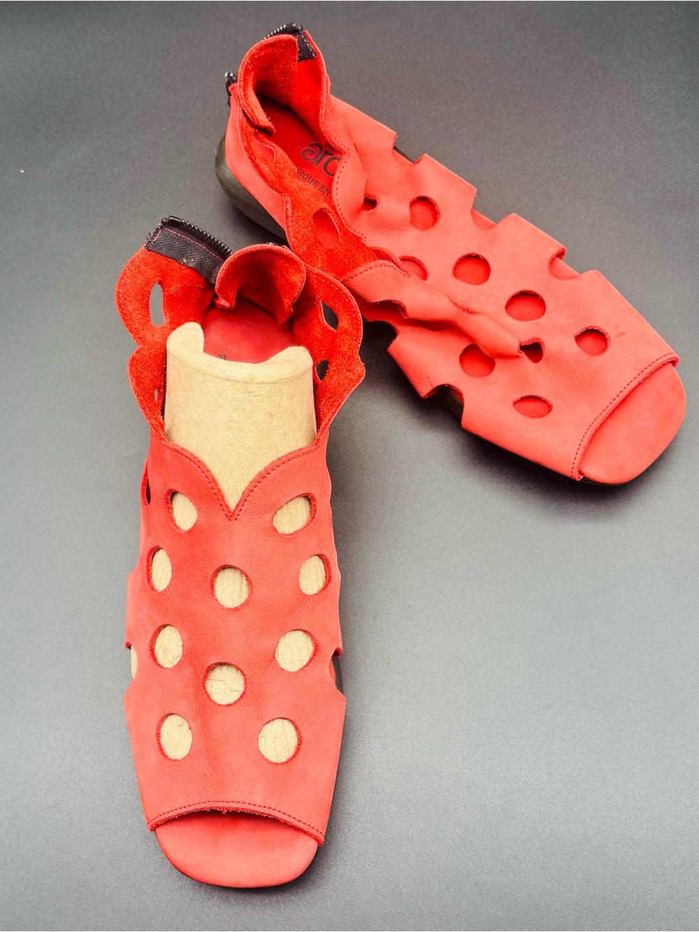 Arche Red Suede Perforated Peep-Toe Sandals